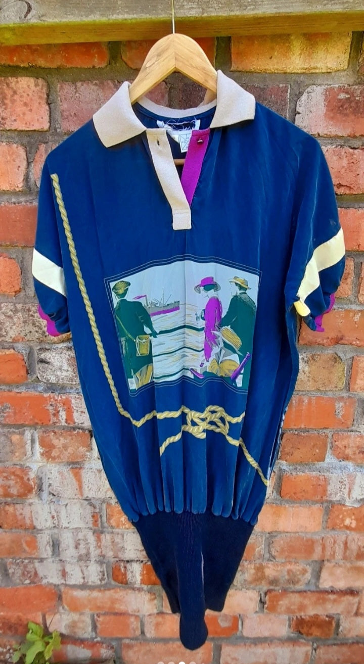 Vintage 80s Silky Rib Knit Sports Polo Shirt Dress