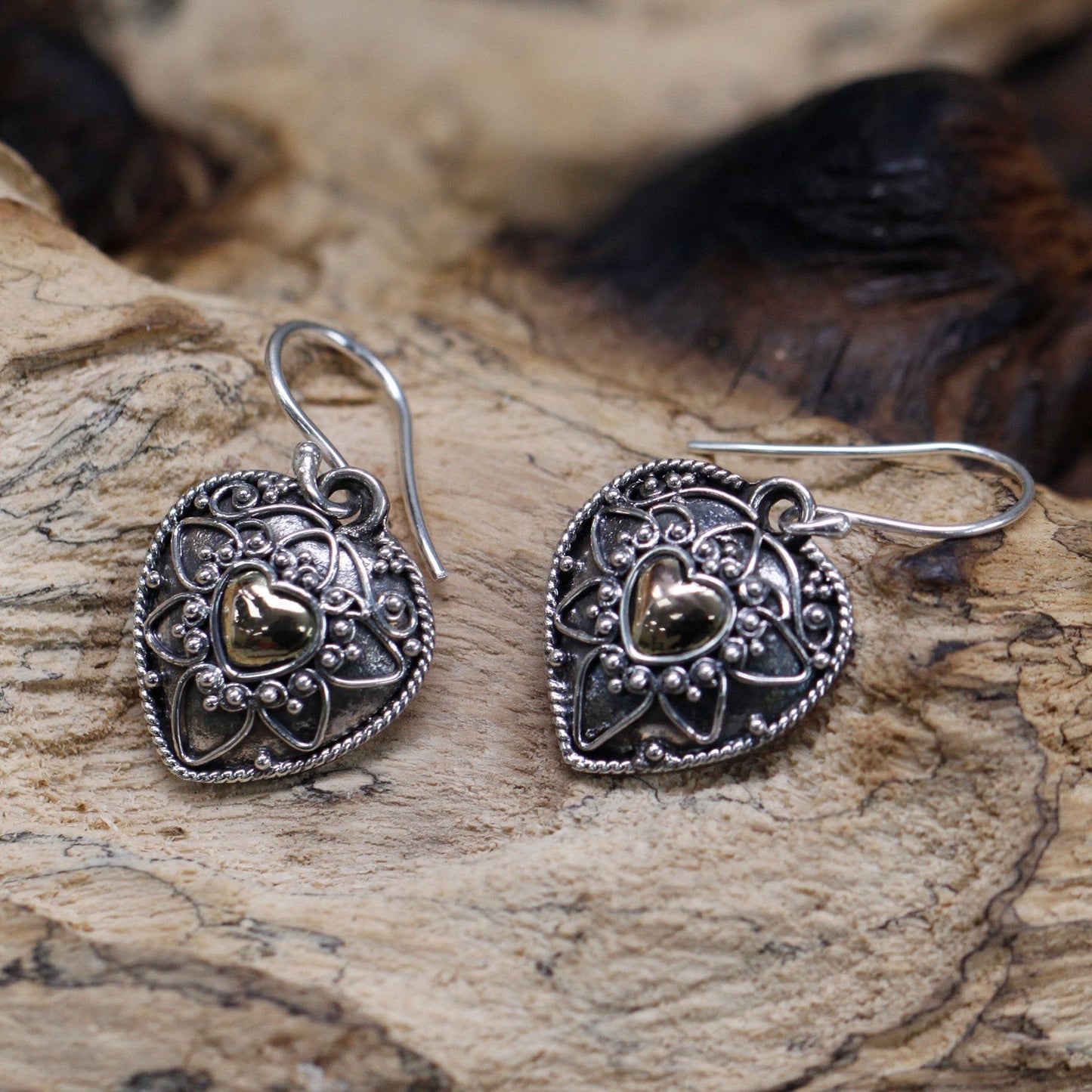 Silver & Gold Mandala Heart Earrings
