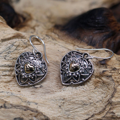 Silver & Gold Mandala Heart Earrings