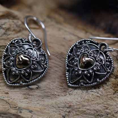 Silver & Gold Mandala Heart Earrings