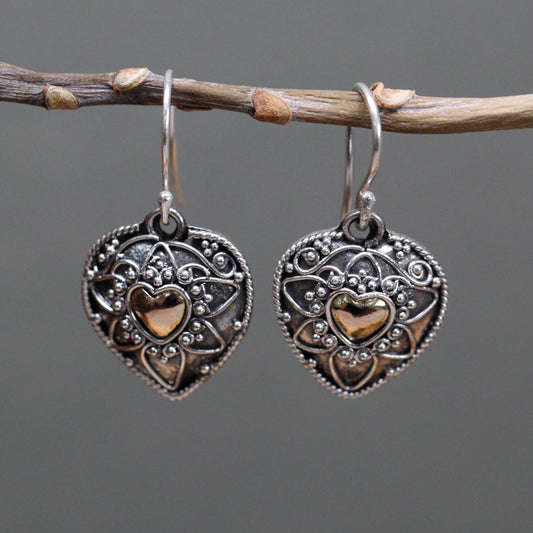 Silver & Gold Mandala Heart Earrings