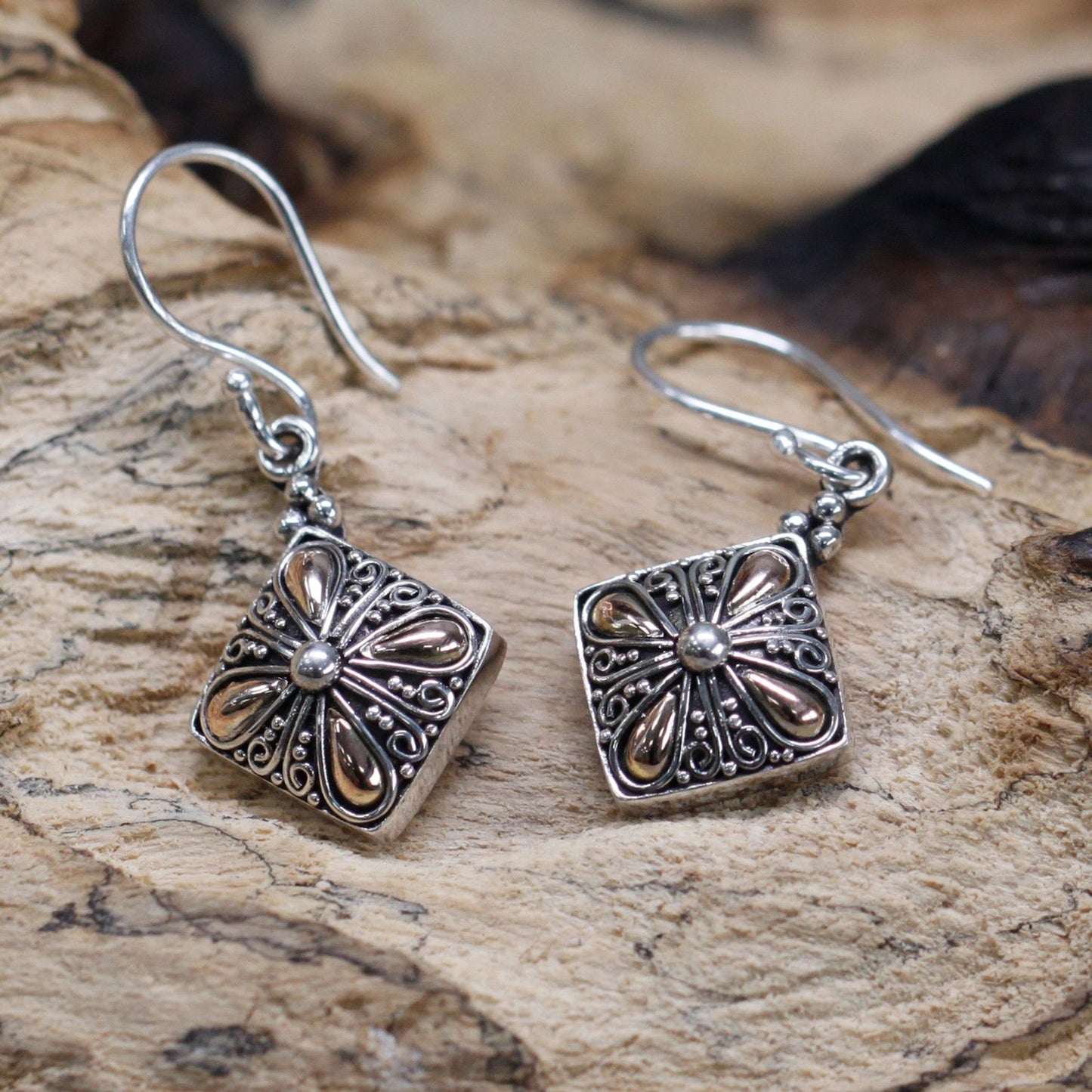 Silver & Gold Square Flower Drop Earrings