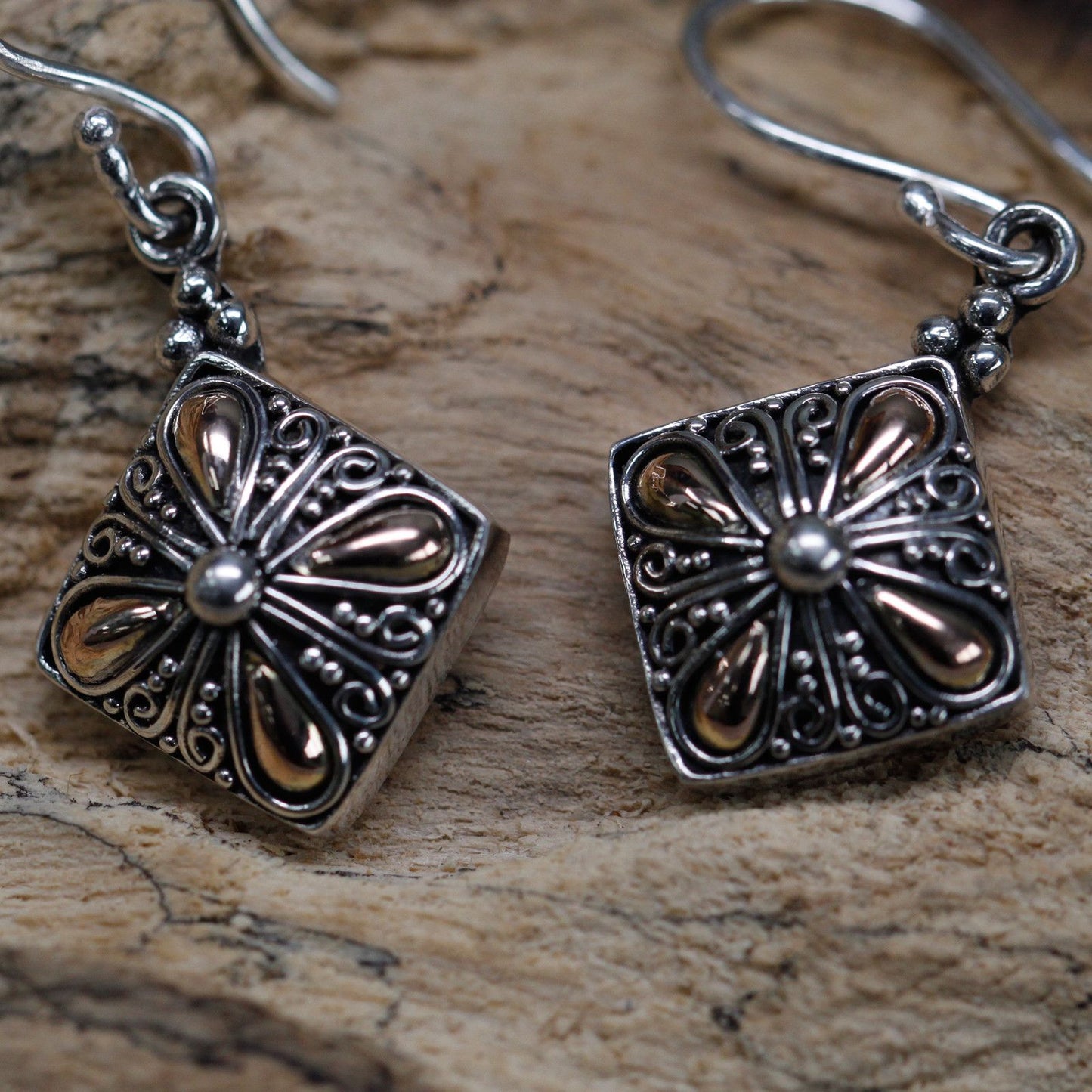 Silver & Gold Square Flower Drop Earrings