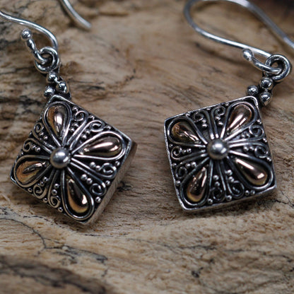Silver & Gold Square Flower Drop Earrings