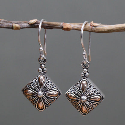 Silver & Gold Square Flower Drop Earrings