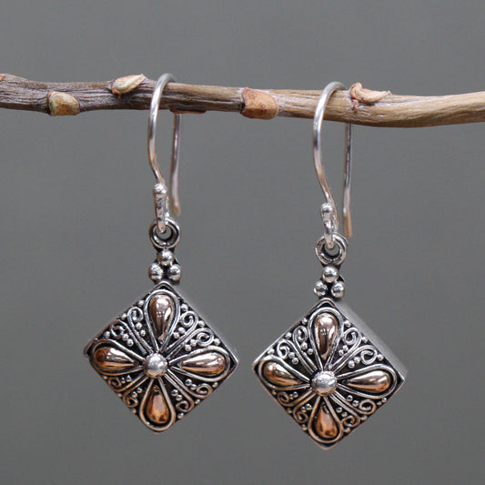 Silver & Gold Square Flower Drop Earrings