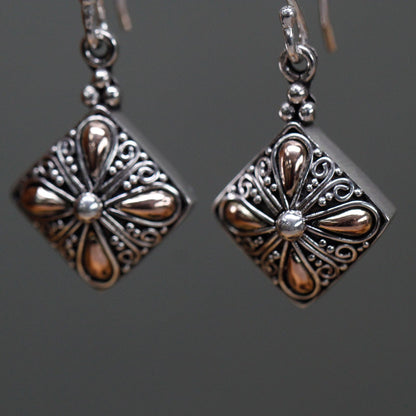 Silver & Gold Square Flower Drop Earrings
