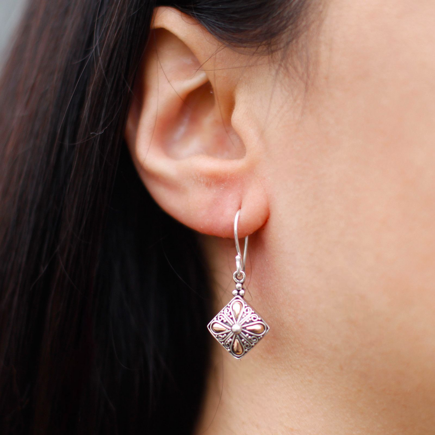Silver & Gold Square Flower Drop Earrings