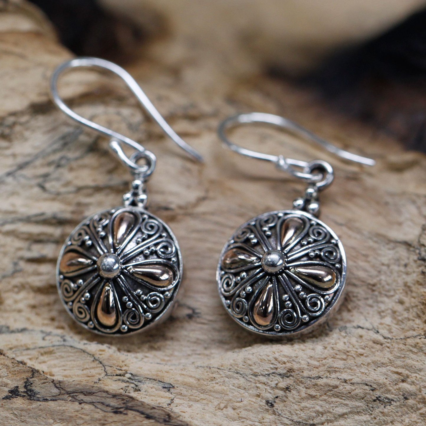 Silver & Gold Round Flower Earrings