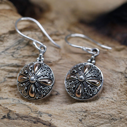Silver & Gold Round Flower Earrings