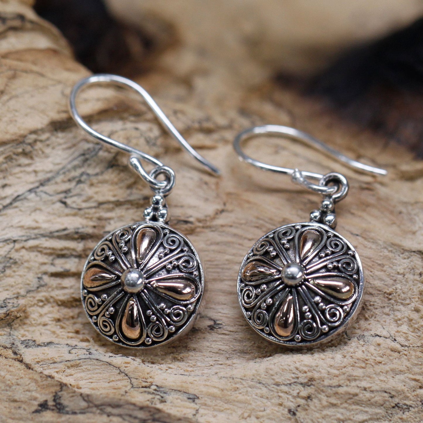Silver & Gold Round Flower Earrings
