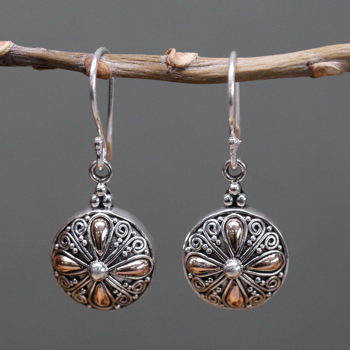 Silver & Gold Round Flower Earrings