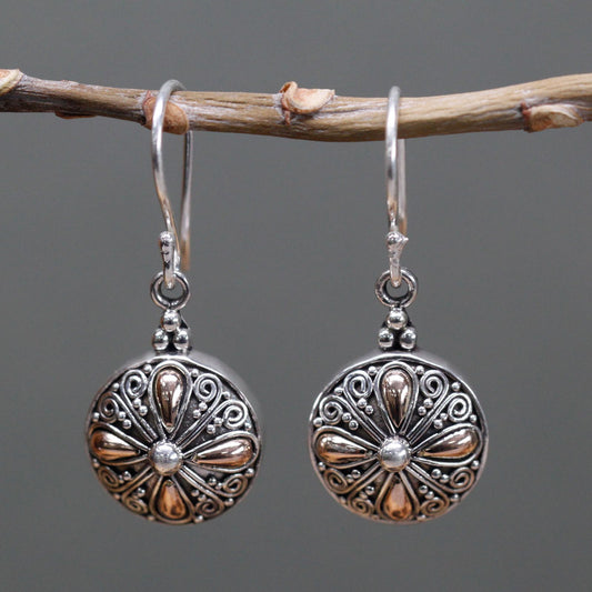 Silver & Gold Round Flower Earrings