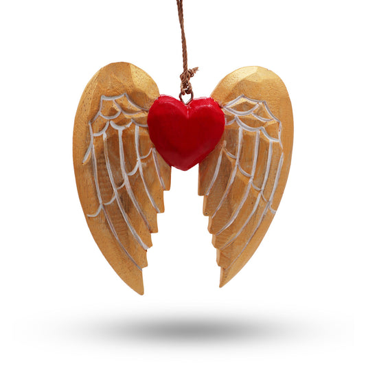 Angel Wings Heart Rustic Carved Wood Ornament - White