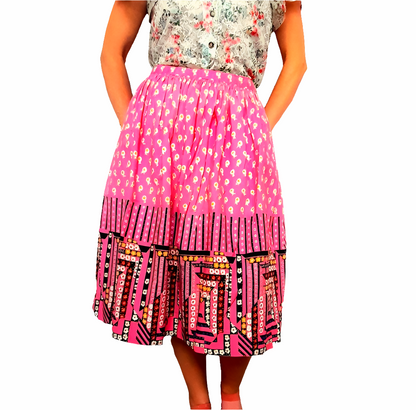 Vintage 1950s Pink Floral Patchwork Quilt Print Cotton Midi Skirt