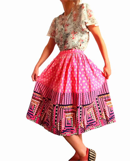 Vintage 1950s Pink Floral Patchwork Quilt Print Cotton Midi Skirt