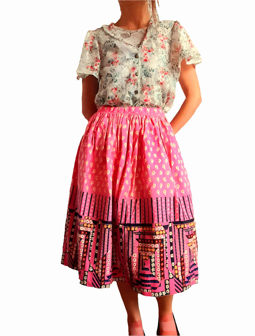 Vintage 1950s Pink Floral Patchwork Quilt Print Cotton Midi Skirt