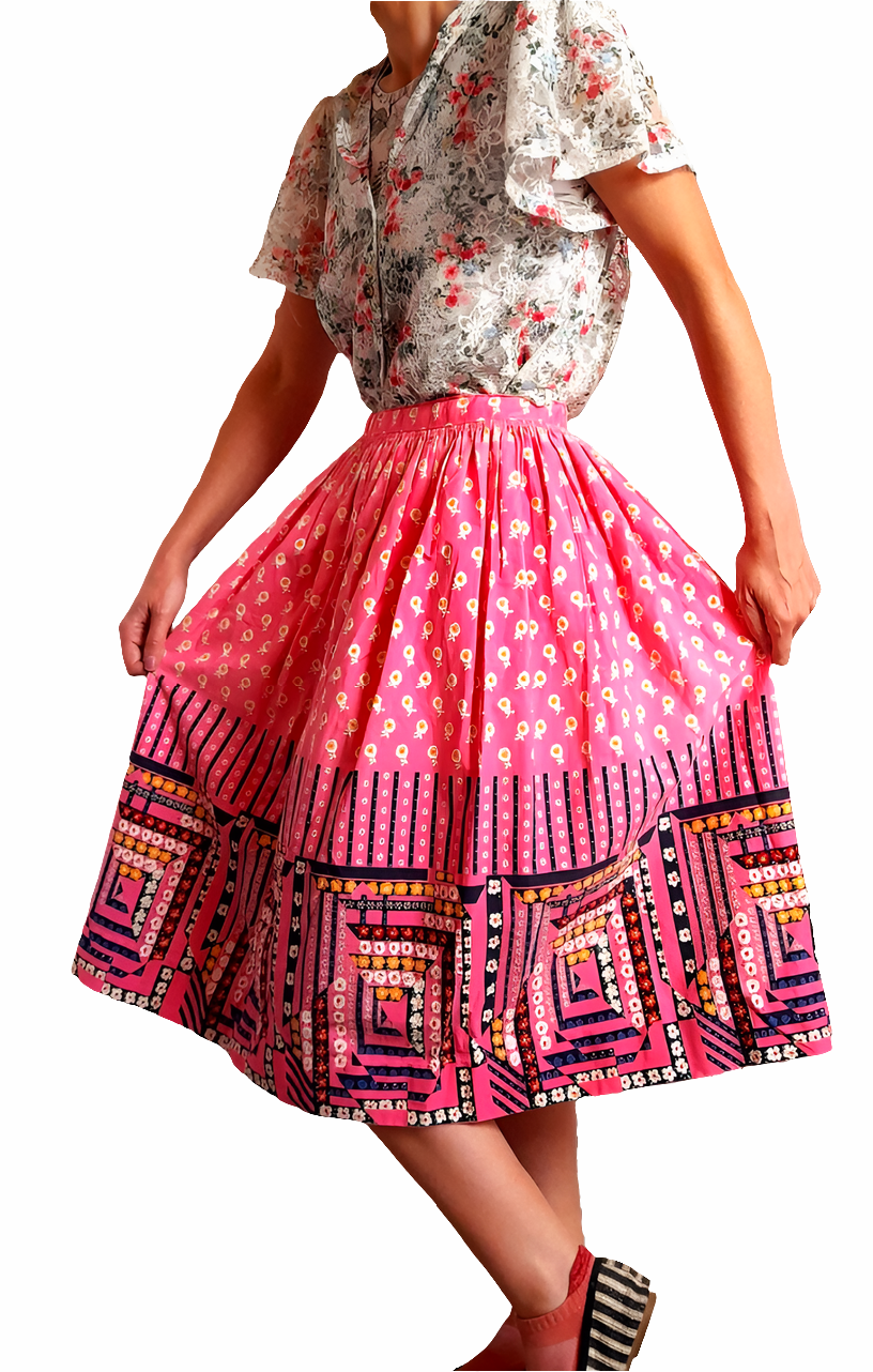 Vintage 1950s Pink Floral Patchwork Quilt Print Cotton Midi Skirt