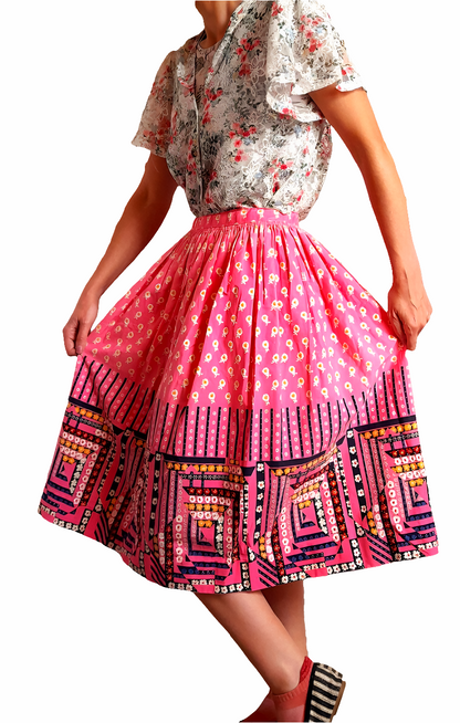 Vintage 1950s Pink Floral Patchwork Quilt Print Cotton Midi Skirt