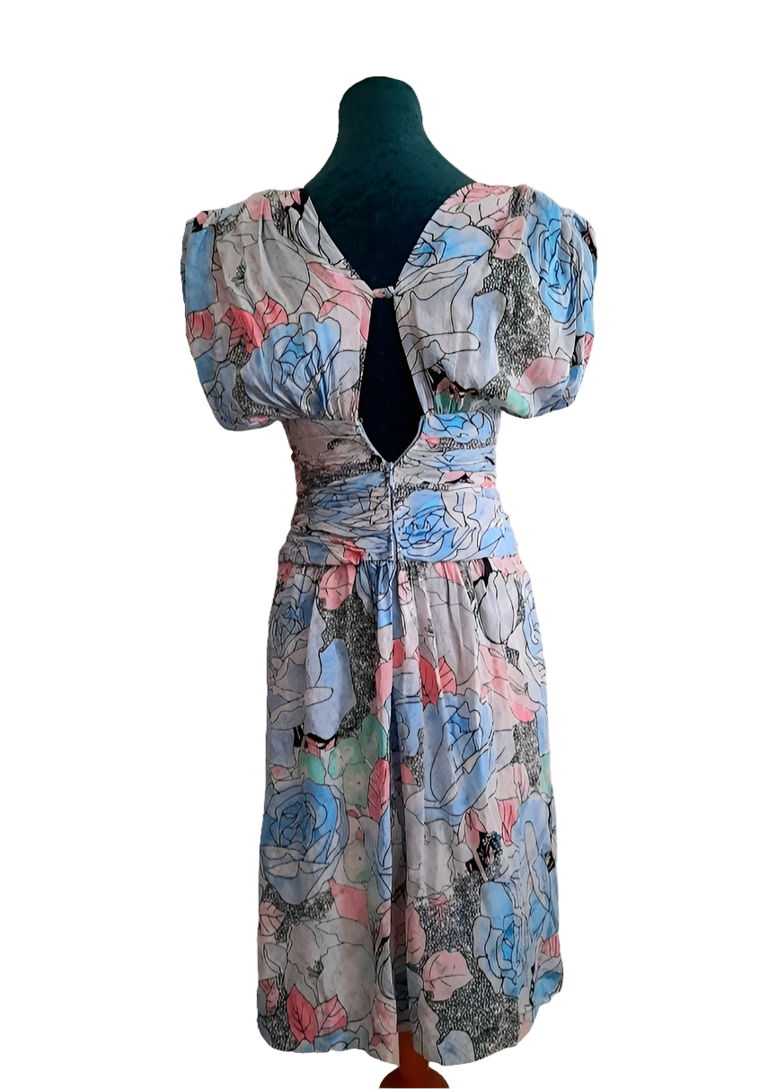 Vintage 80s Retro Pastel Flower Rouched Dress