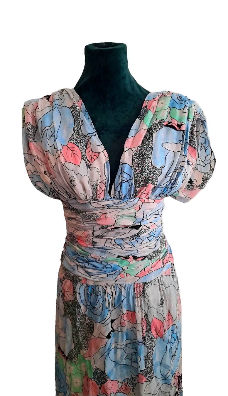 Vintage 80s Retro Pastel Flower Rouched Dress