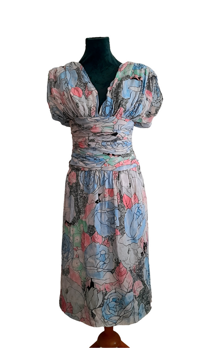 Vintage 80s Retro Pastel Flower Rouched Dress