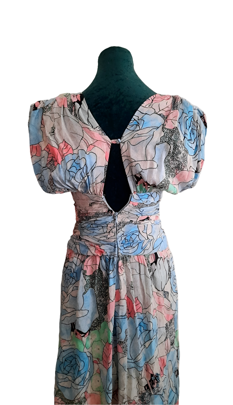 Vintage 80s Retro Pastel Flower Rouched Dress