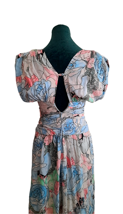 Vintage 80s Retro Pastel Flower Rouched Dress