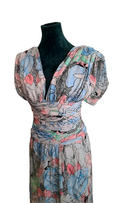 Vintage 80s Retro Pastel Flower Rouched Dress