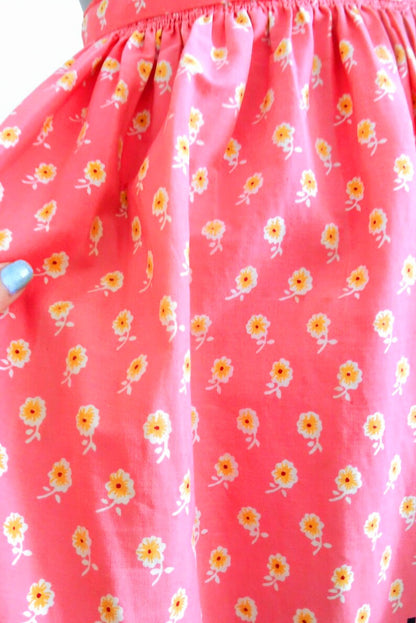 Vintage 1950s Pink Floral Patchwork Quilt Print Cotton Midi Skirt