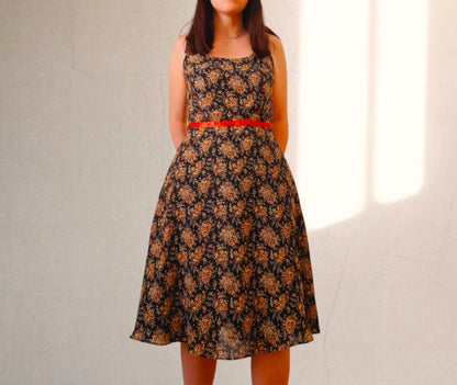 Vintage Black Orange Bouquet Chiffon Dress