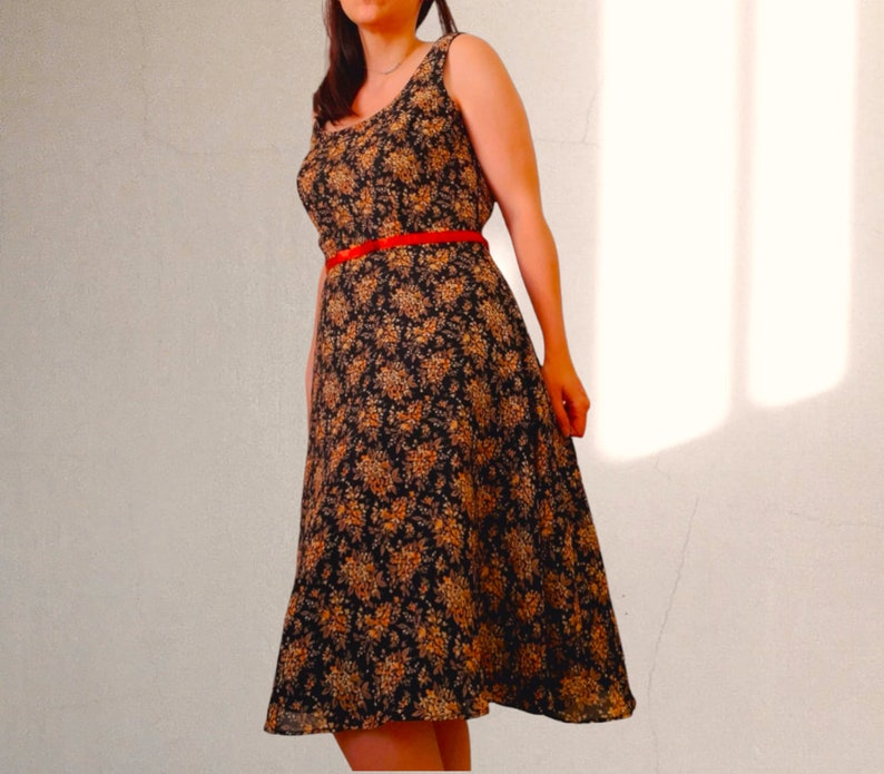 Vintage Black Orange Bouquet Chiffon Dress