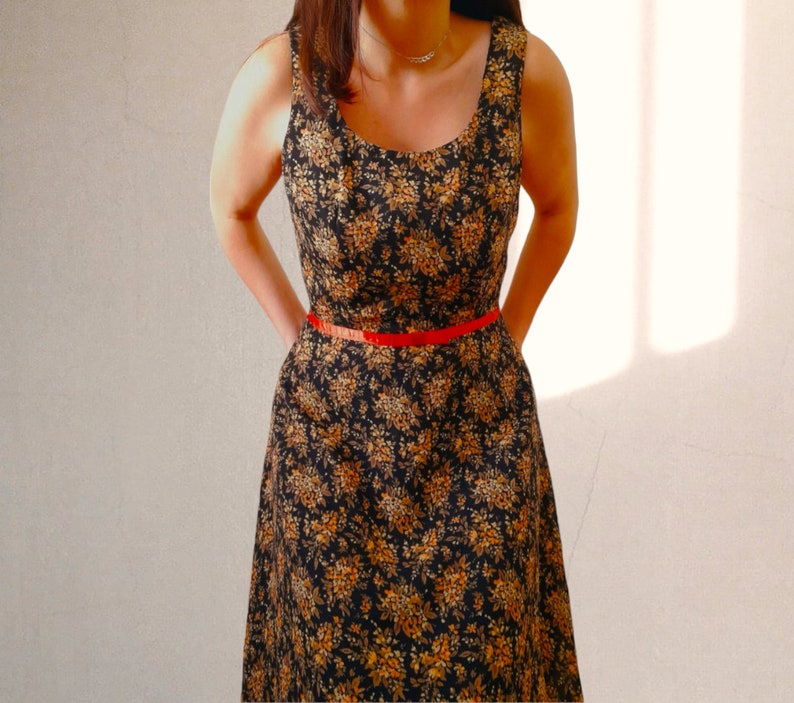 Vintage Black Orange Bouquet Chiffon Dress