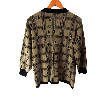 Vintage 80s Oatmeal Beige Black Diamond Knit Check Cardigan