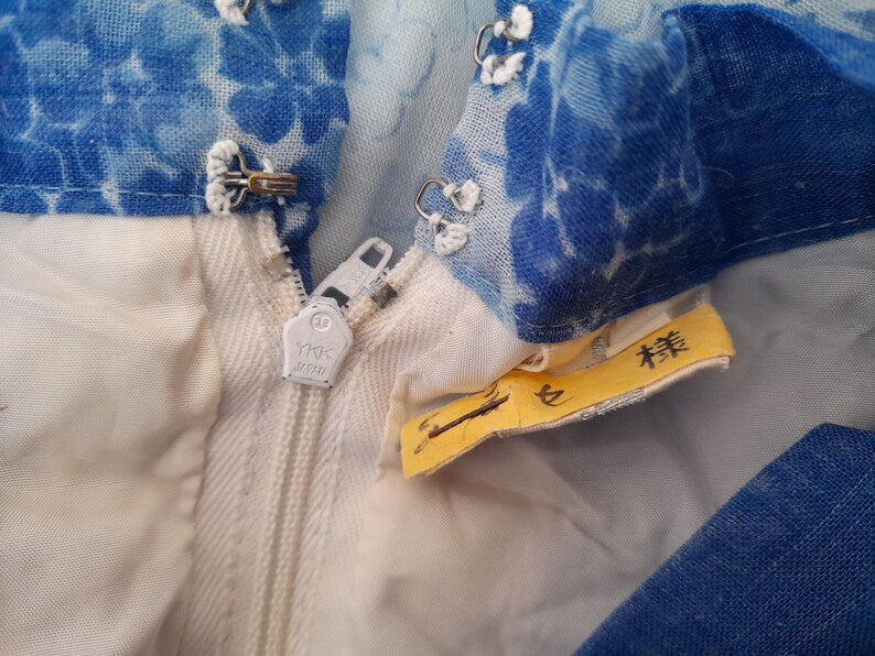 Vintage 70s Blue White Flower Chiffon Dress