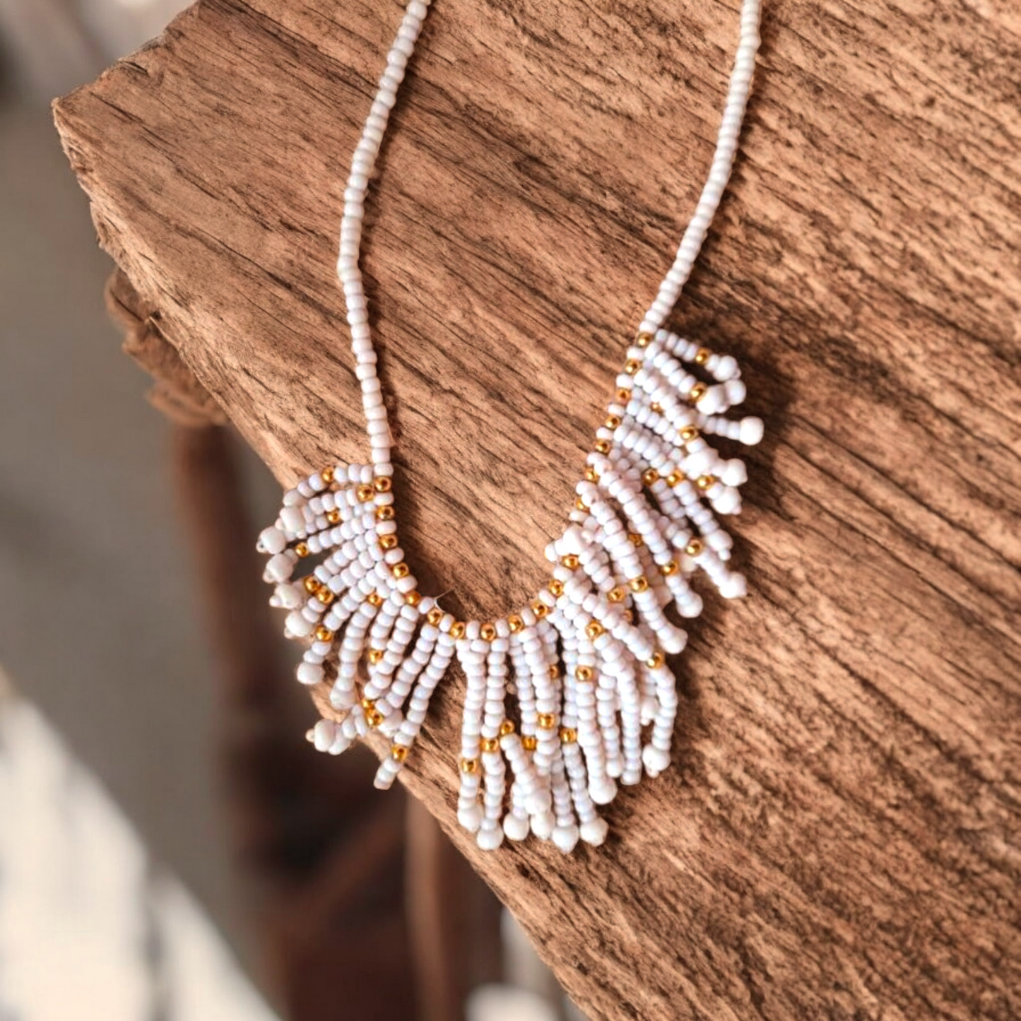 White & Gold Vintage Boho Tassel Bead Necklace
