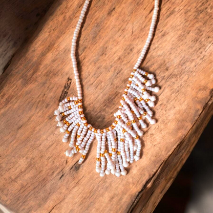 White & Gold Vintage Boho Tassel Bead Necklace