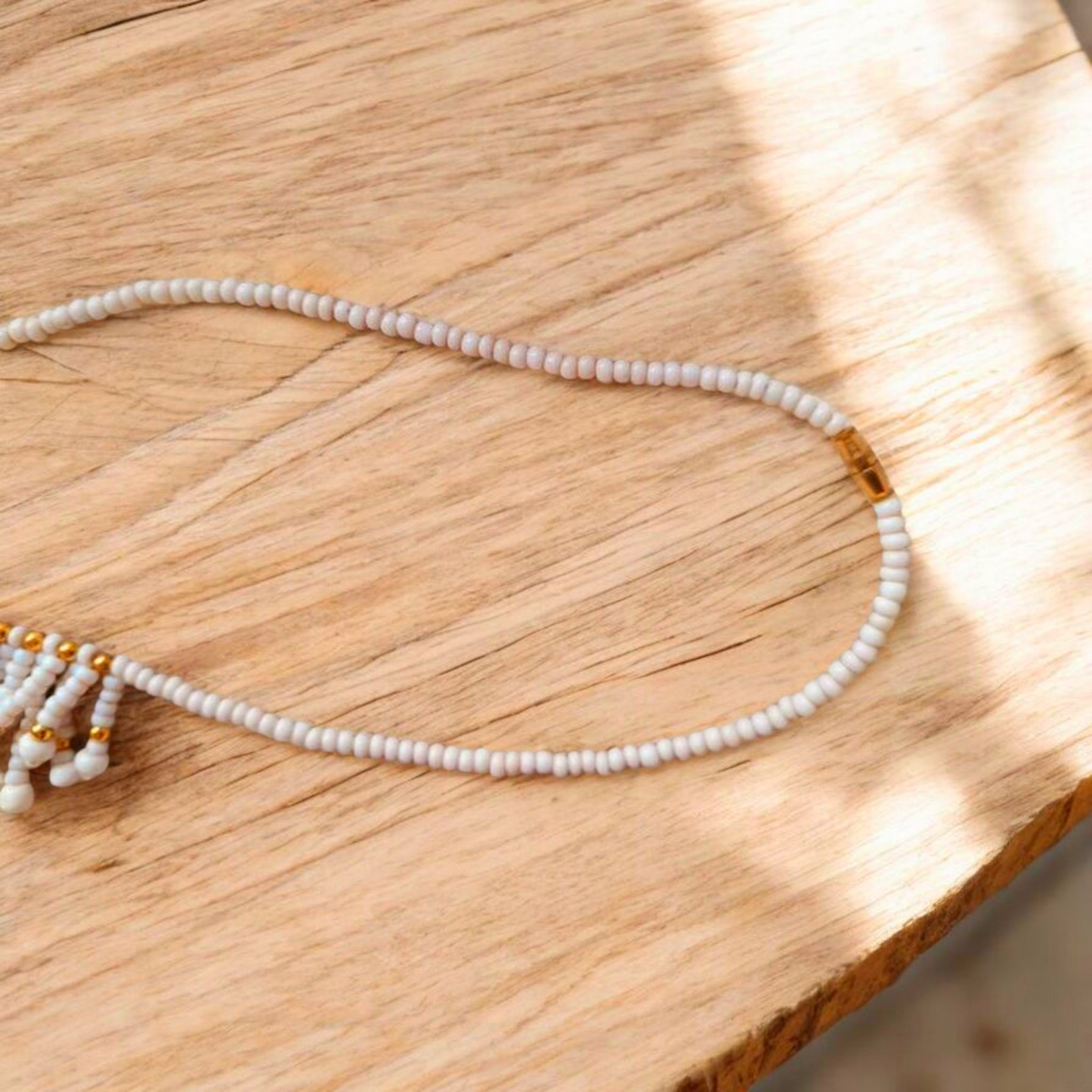 White & Gold Vintage Boho Tassel Bead Necklace