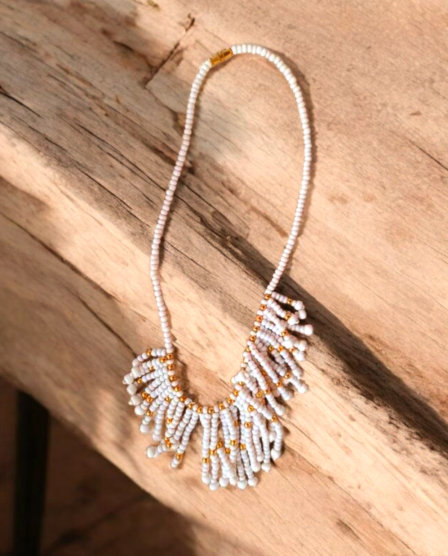 White & Gold Vintage Boho Tassel Bead Necklace
