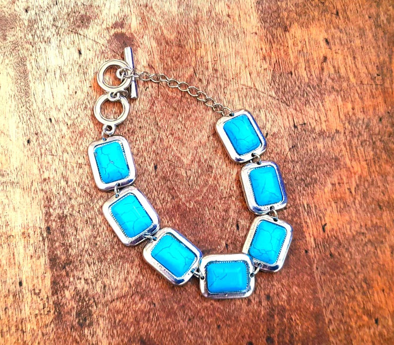 Turquoise & Silver Square Link Bracelet