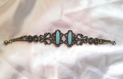Silver Turquoise Vintage 70s Flower Serpent Hinged Bracelet