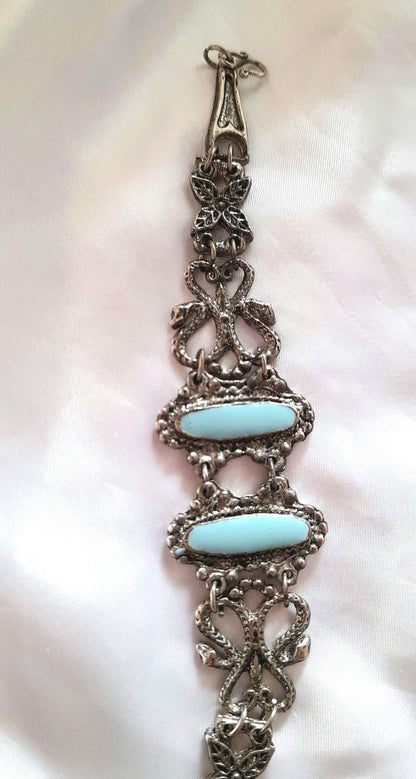 Silver Turquoise Vintage 70s Flower Serpent Hinged Bracelet