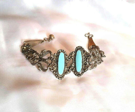 Silver Turquoise Vintage 70s Flower Serpent Hinged Bracelet