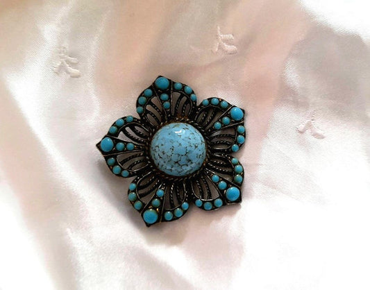 Turquoise Peking Glass Bronze Flower Brooch