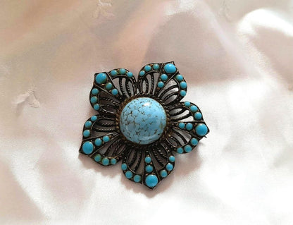 Turquoise Peking Glass Bronze Flower Brooch