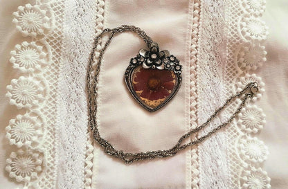 Antique Silver Real Flower Rhinestone Heart Pendant