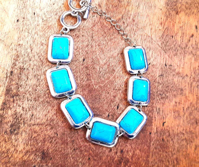 Turquoise & Silver Square Link Bracelet