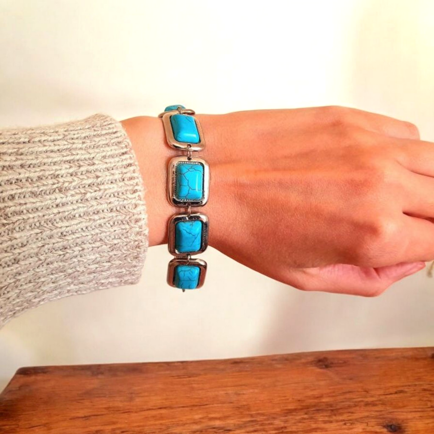 Turquoise & Silver Square Link Bracelet