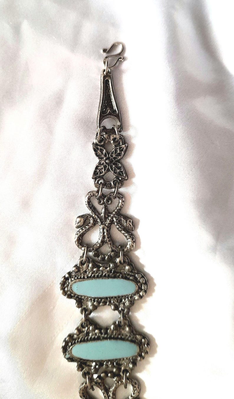 Silver Turquoise Vintage 70s Flower Serpent Hinged Bracelet