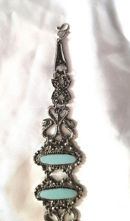 Silver Turquoise Vintage 70s Flower Serpent Hinged Bracelet
